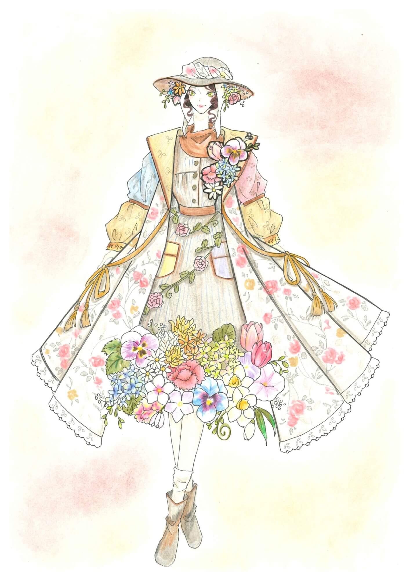 ファッションデザインコンペ2025 グランプリ タイトルCurtain Garden
ポイント:祖母のお庭やお家のイメージ。庭仕事を思わせる小物
